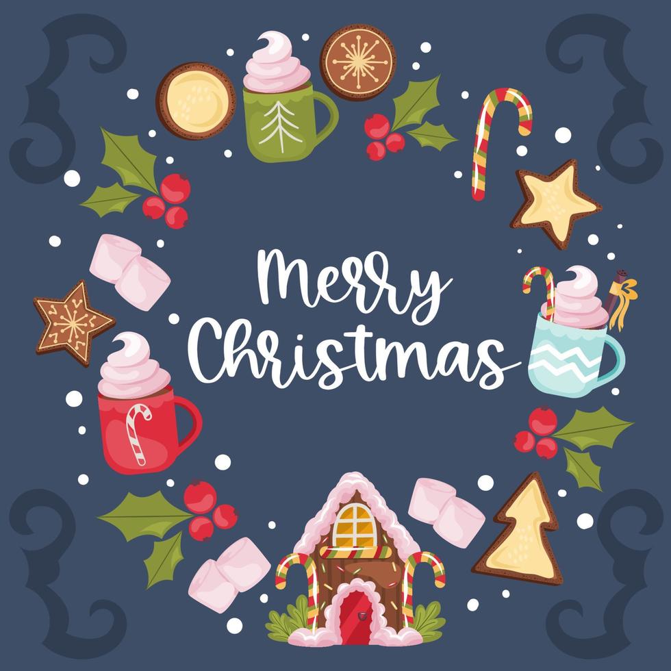 kerst rond ontwerp met tekst vrolijk kerstfeest, peperkoekhuis. peperkoekkoekje, cacao met marshmallow en lolly voor decoraties voor de feestdagen. vectorillustratie. vector