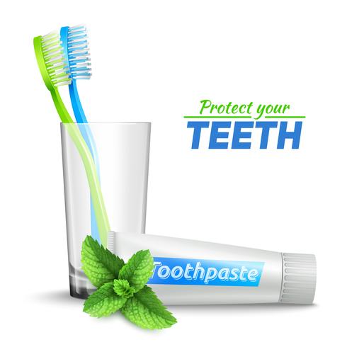 Tandenborstels in glas en tandpasta vector