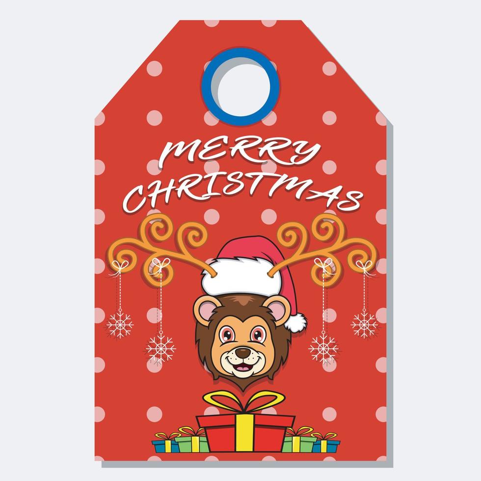 vrolijk kerstfeest gelukkig nieuwjaar handgetekende label tag met schattige leeuwenkop Characterdesign. vector