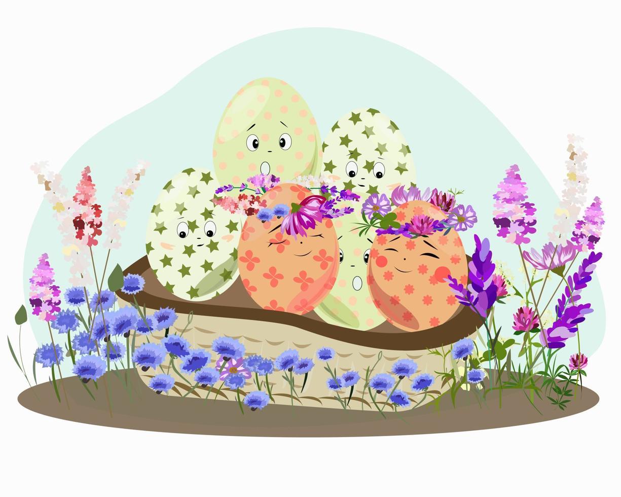 paaseieren in een mand in bloemen met gezichtsuitdrukkingen vector