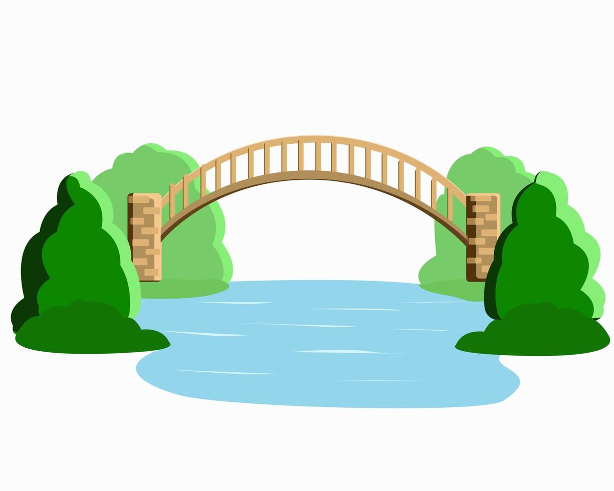 de brug over de rivier en weelderige bomen vector