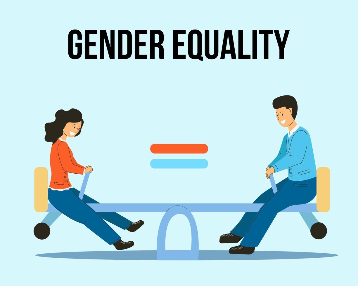 gendergelijkheid is als een schommel op dezelfde hoogte. man en vrouw op een schommel. vector