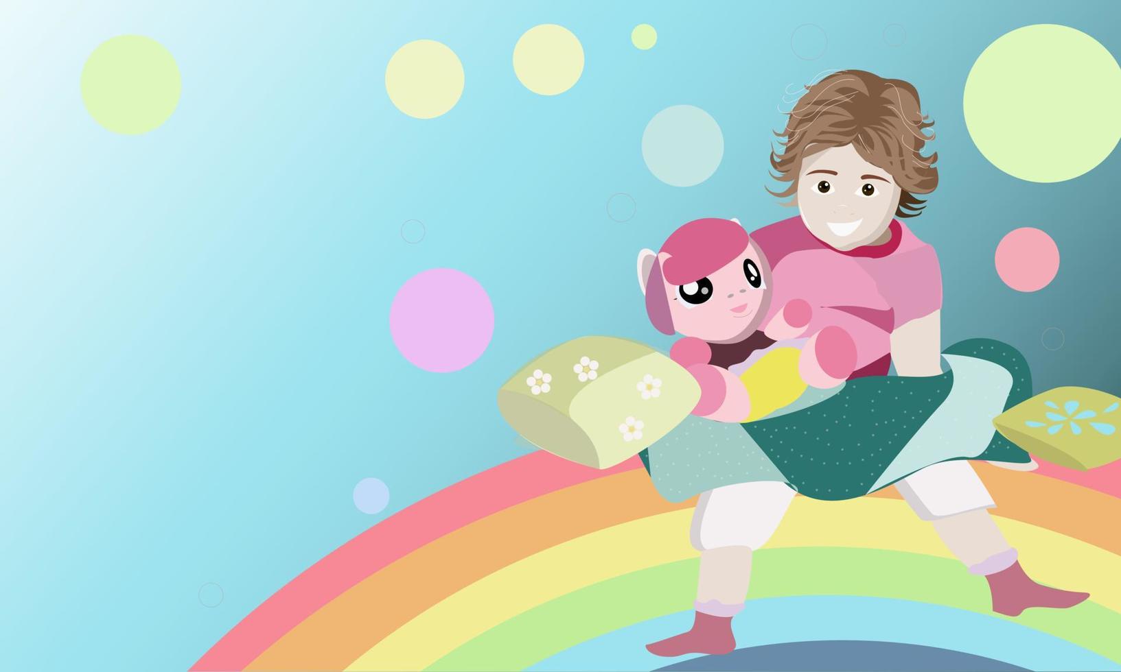 meisje met een pop zittend op een regenboog vector