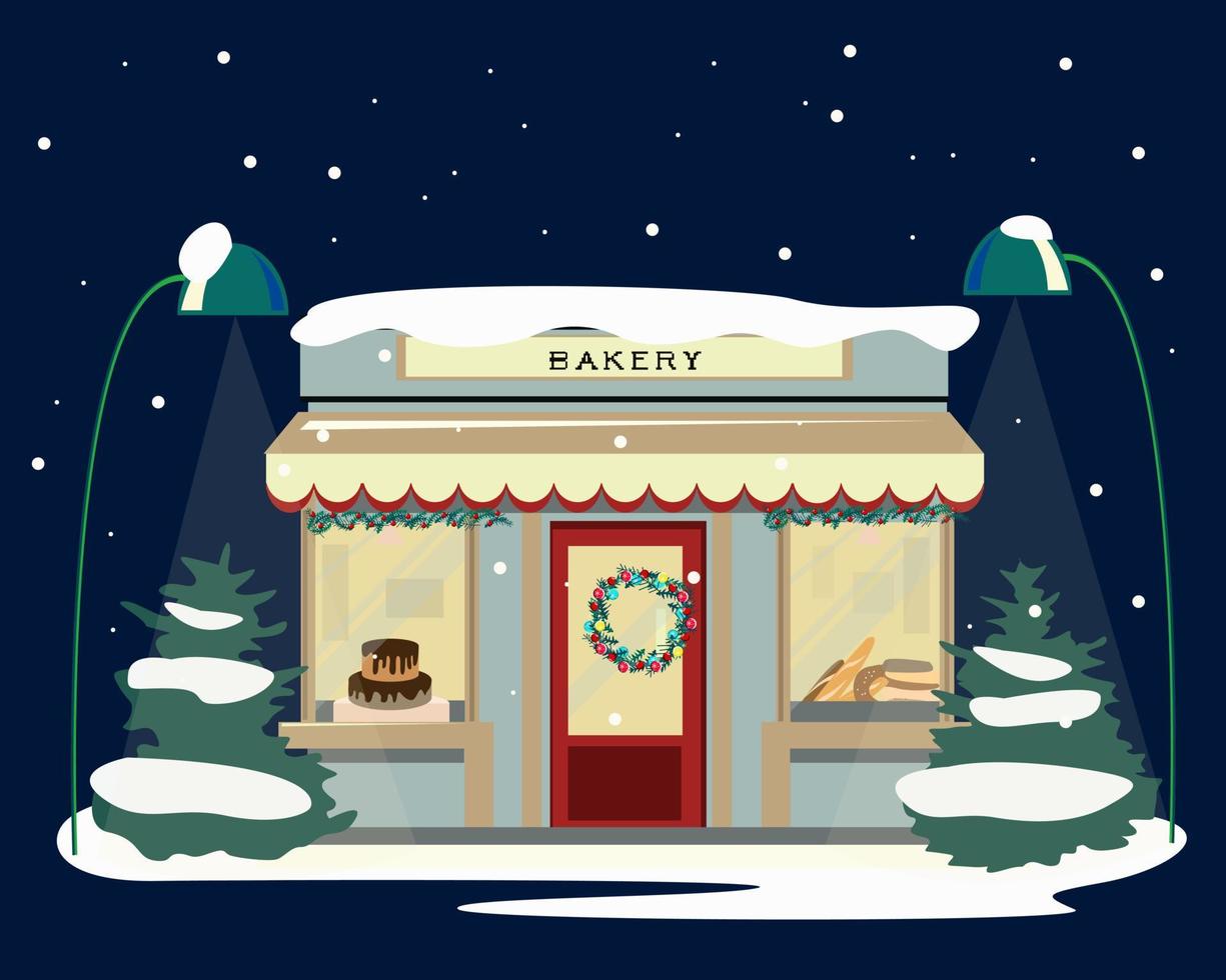 winkel bakkerij de avond voor kerst versierd vector
