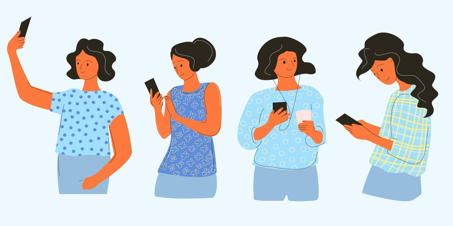 vrouwen met smartphones in hun handen. selfies maken, naar muziek luisteren en meer. vector