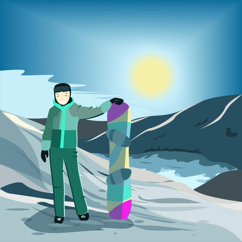 meisje met een snowboard bovenop een berg vector