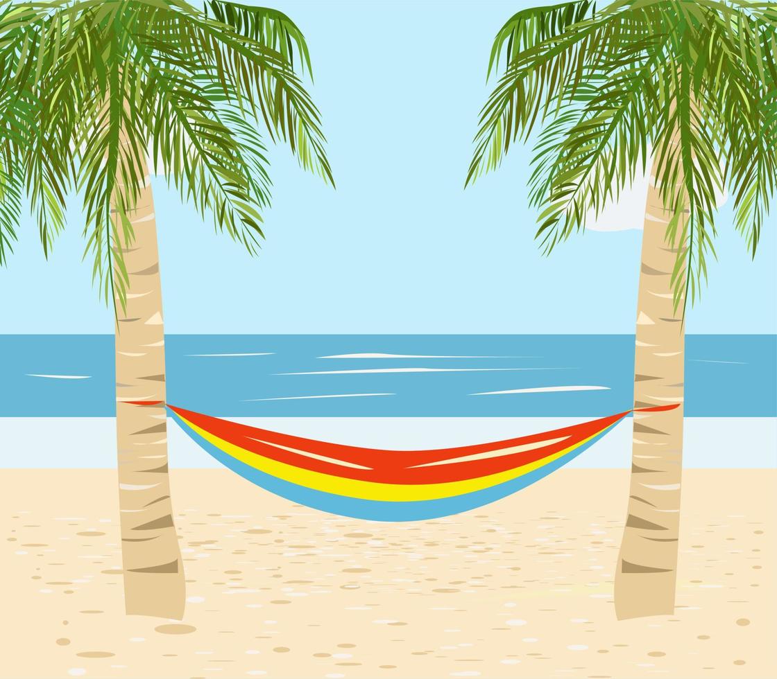 twee palmbomen en een hangmat ertussen op het strand vector