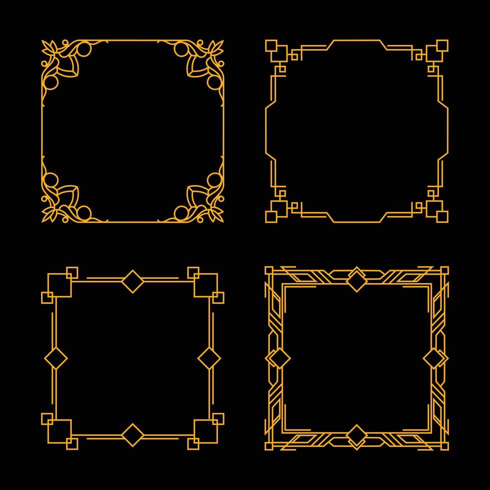 vier eenvoudige vierkante kaders met wat ornament als rand. collectieset van het gouden omtrekframe op zwart voor het decoreren van ontwerp, kaart, uitnodiging, enz. vector