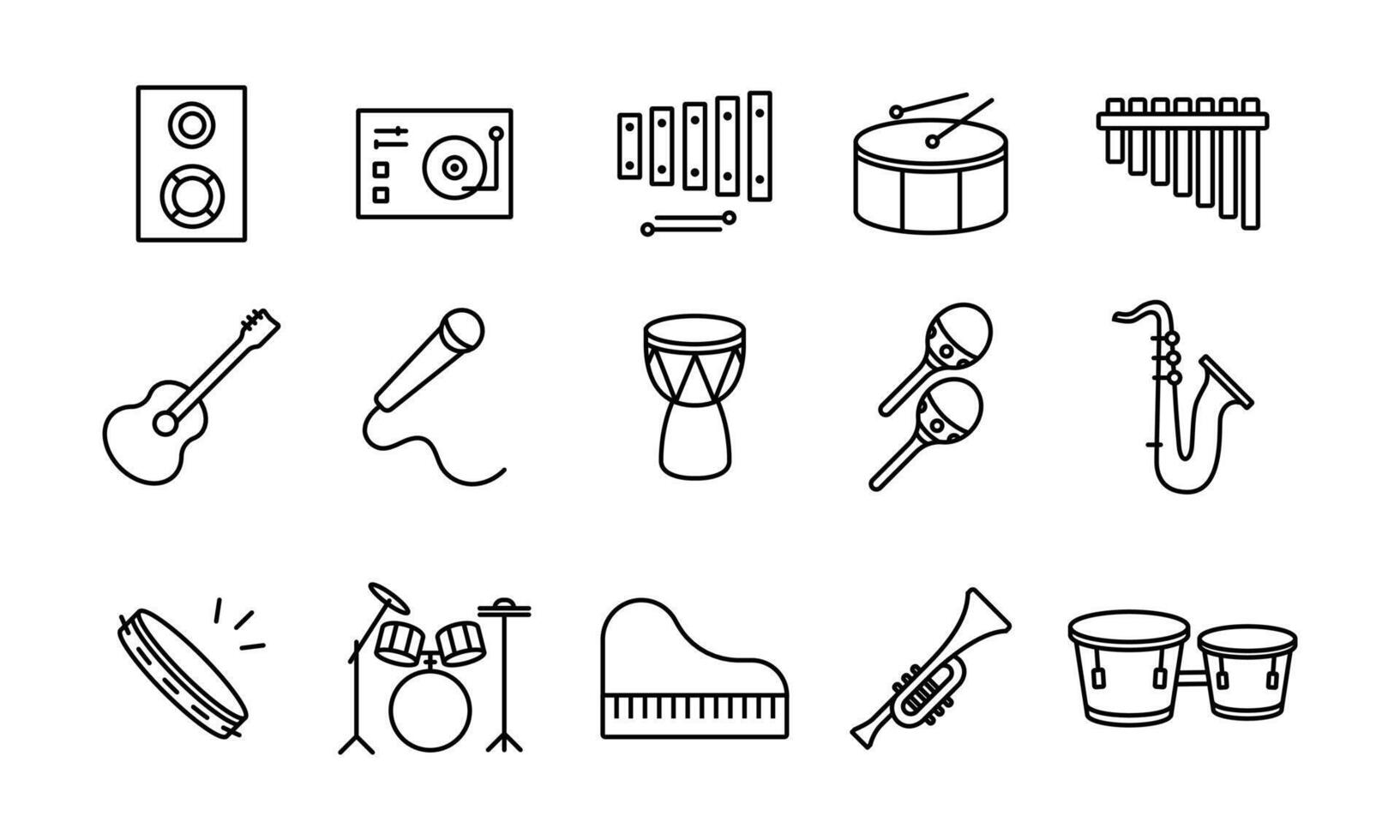 de bewerkbare collectie van lijnlijnpictogrammen met betrekking tot dingen met muziekinstrumenten. een gitaar, piano, djembe, enz. die geschikt is om te worden gebruikt als ui ux-elementontwerp. vector