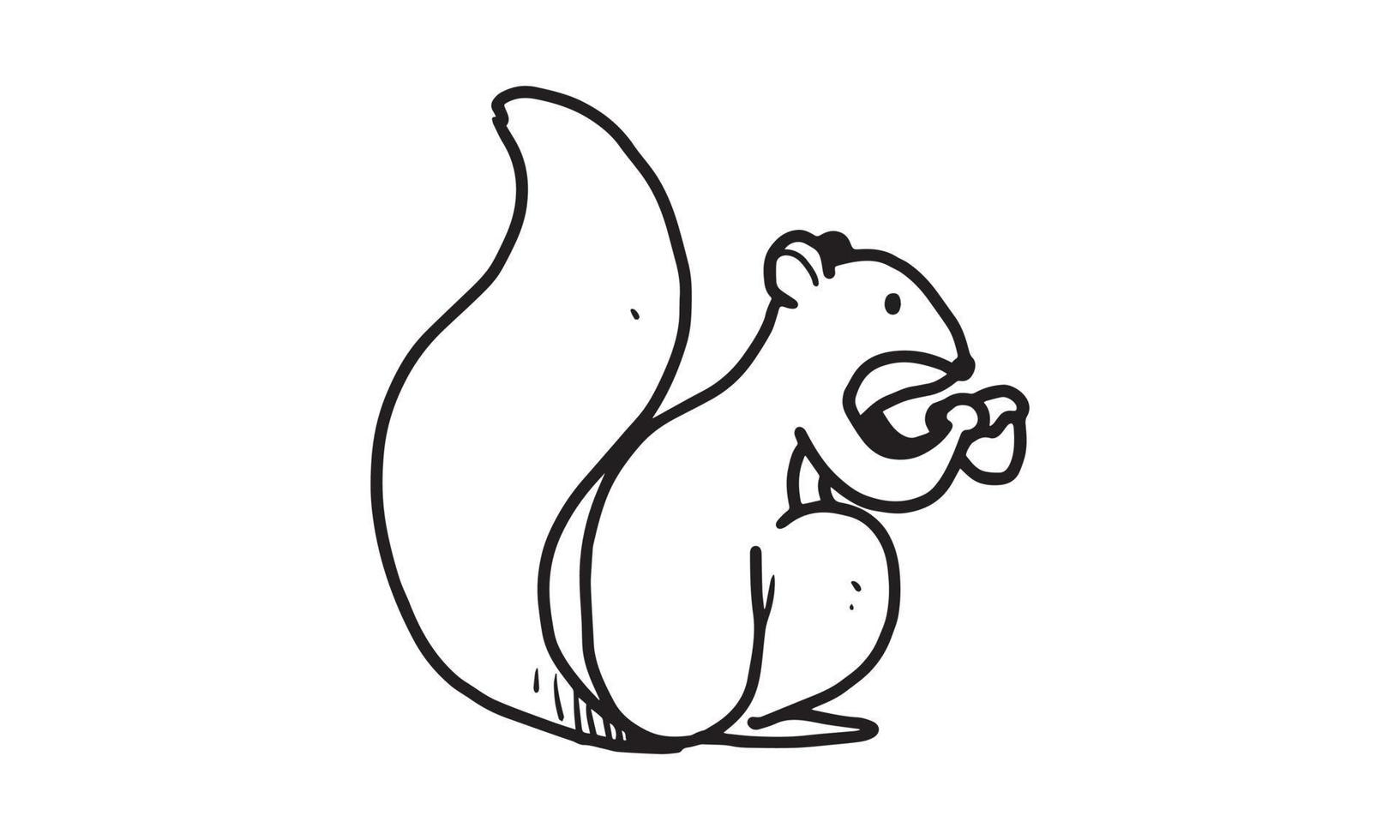 een eekhoorn eet noot op de grondillustratie. kleurloze cartoon voor teken- en kleuractiviteiten. leuke activiteit voor de ontwikkeling en creativiteit van kinderen. object geïsoleerd op een witte achtergrond in vector de