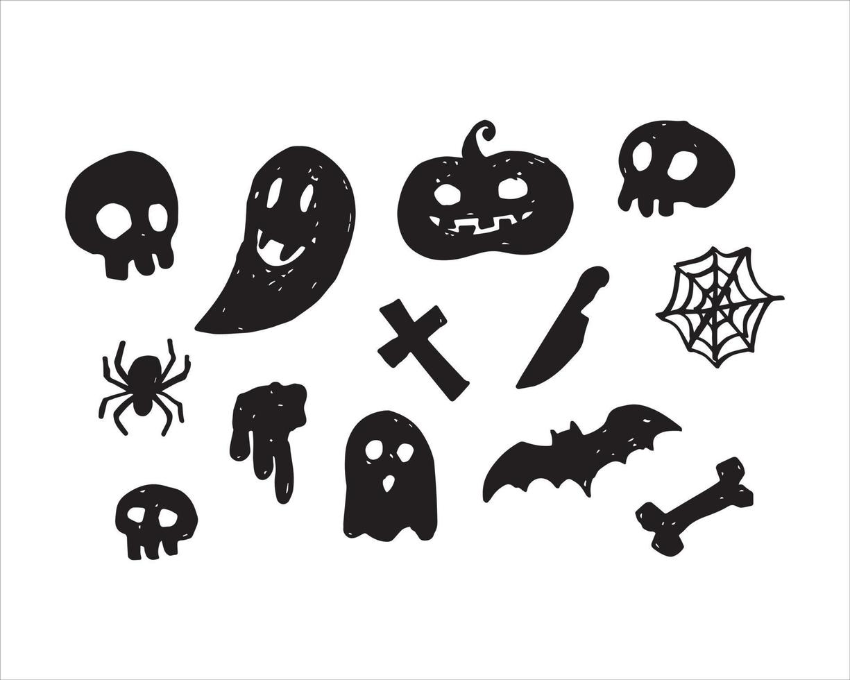 de vector hand getekende set van halloween illustraties in het zwart. spin, schedel, pompoen, spook, vleermuis, bot, enz.
