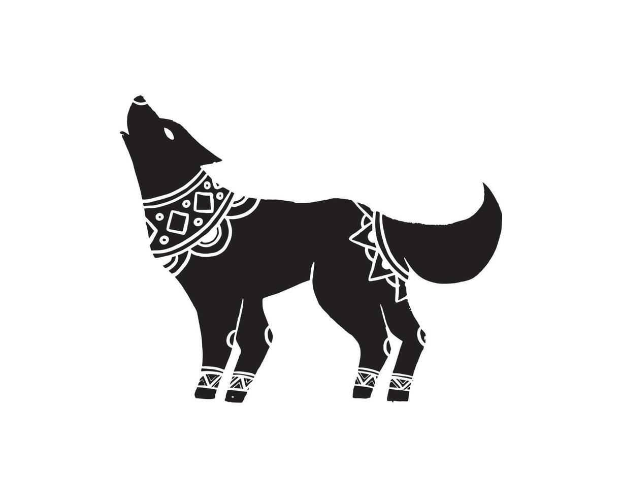 het abstracte object in hedendaagse scandinavische stijlen. vectorillustraties van silhouetinkt van een wolf die één of ander ornamentpatroon op de rug heeft. vector