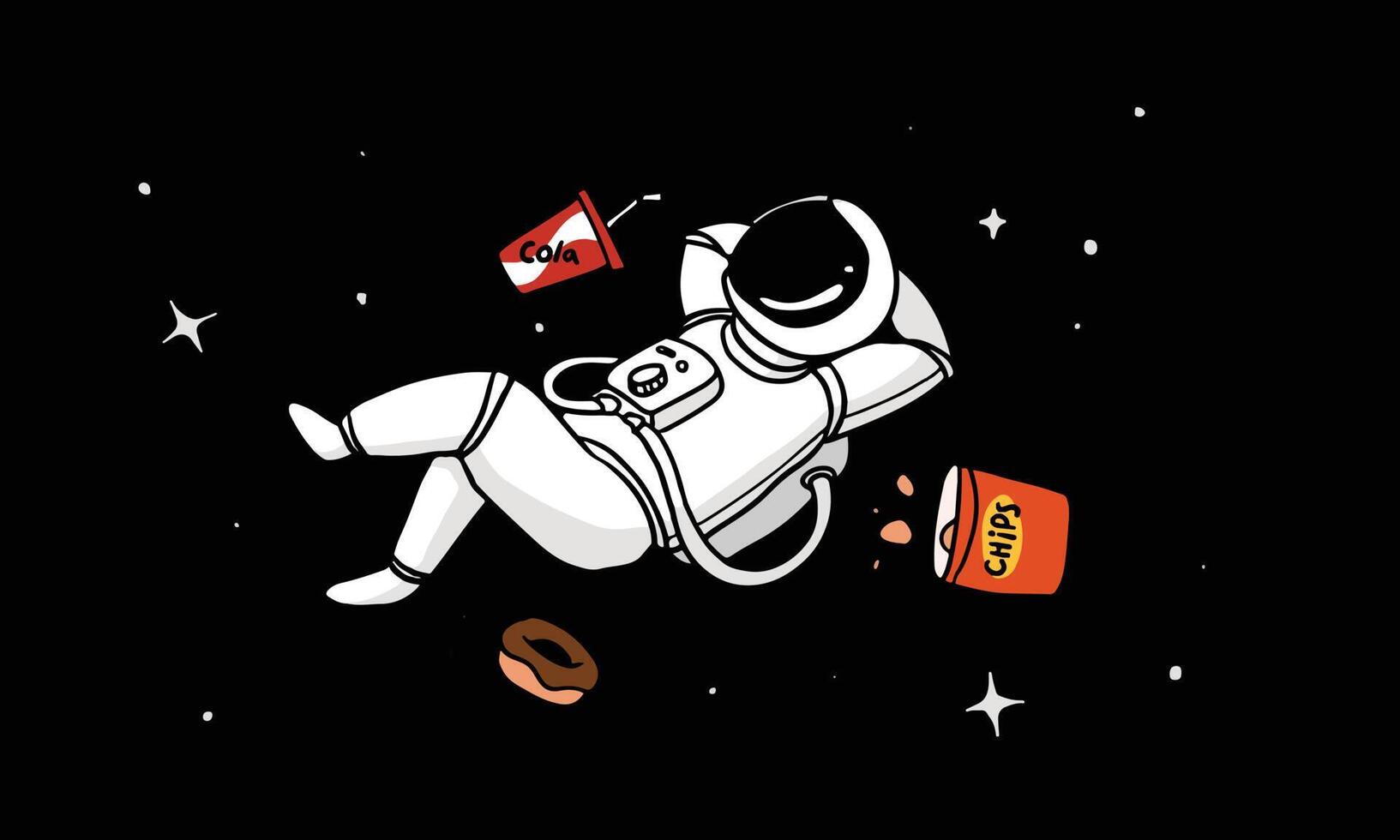 een astronaut aan het chillen in de ruimte met eten en drinken. gekleurde illustratie van de fantasierijke nuance in vector. vector cartoon voor poster, promotie en nog veel meer.