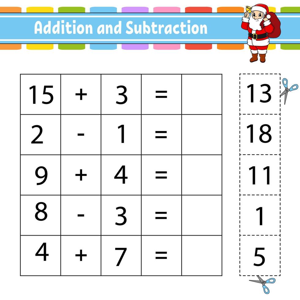 optellen en aftrekken. taak voor kinderen. knippen en plakken. onderwijs ontwikkelen werkblad. activiteiten pagina. spel voor kinderen. grappig karakter. geïsoleerde vectorillustratie. cartoon-stijl. vector