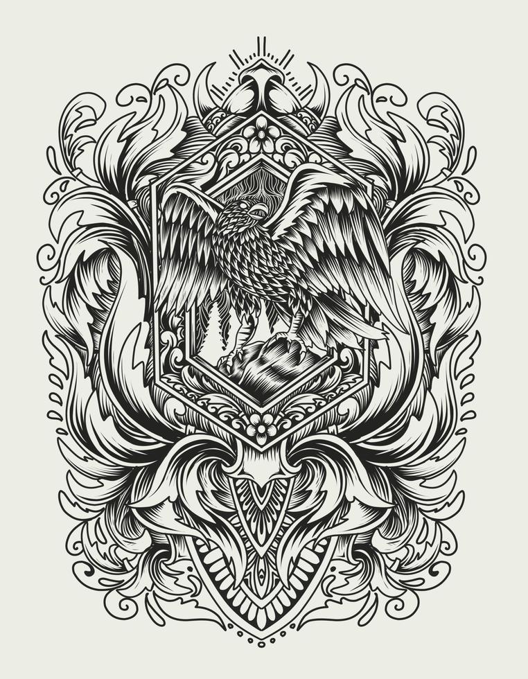 illustratie vector adelaar vogel met vintage gravure ornament