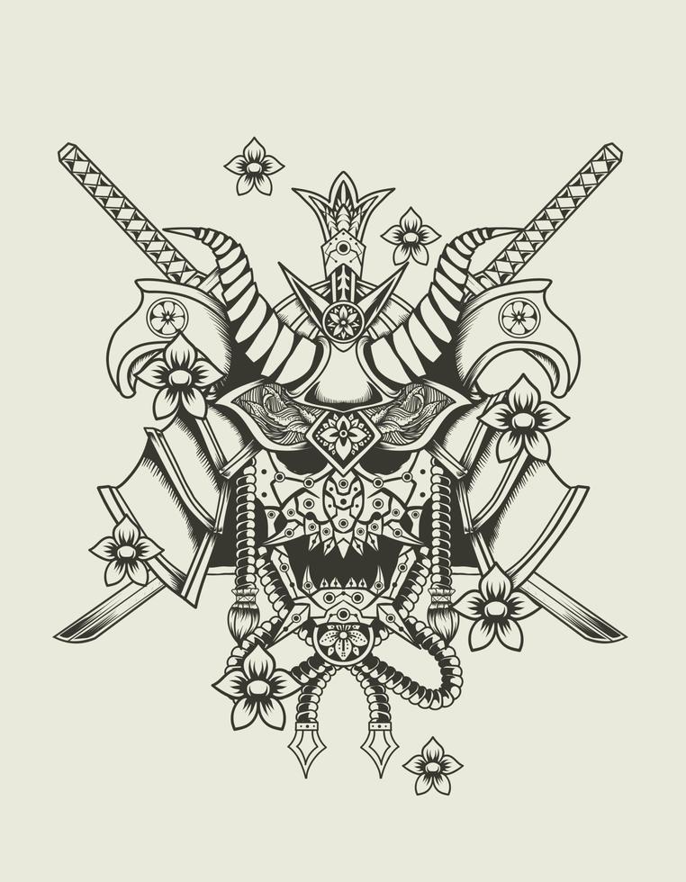 illustratie vector samurai hoofd zwart-wit stijl