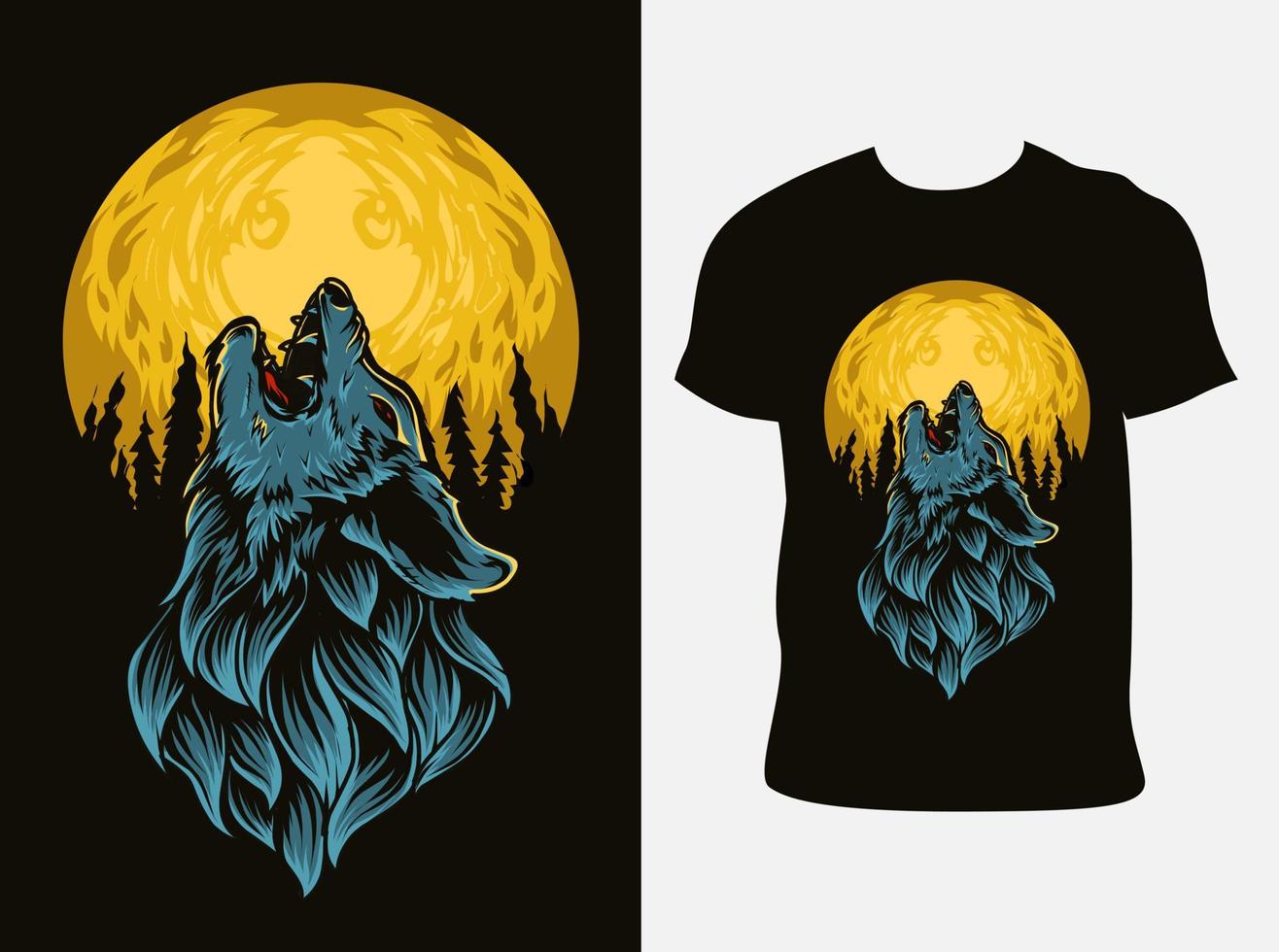 illustratie vector wolf brullende op de maan met t-shirt design