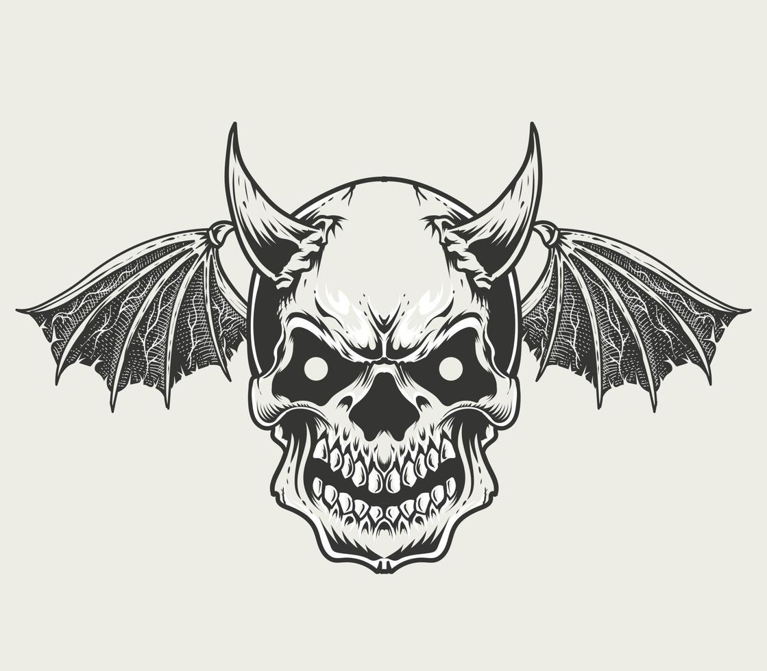 illustratie vector demon schedel hoofd zwart-wit stijl