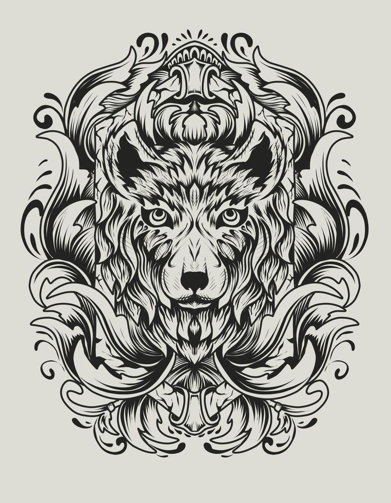 illustratie vector wolf hoofd met vintage gravure ornament