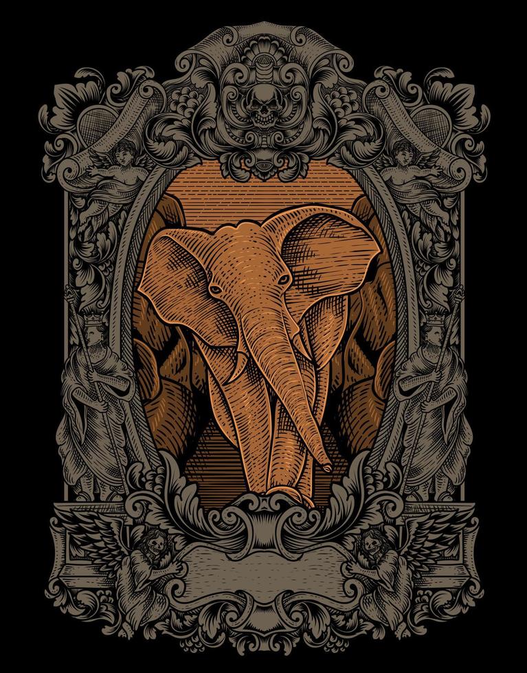 illustratie vintage olifant met gravure stijl vector