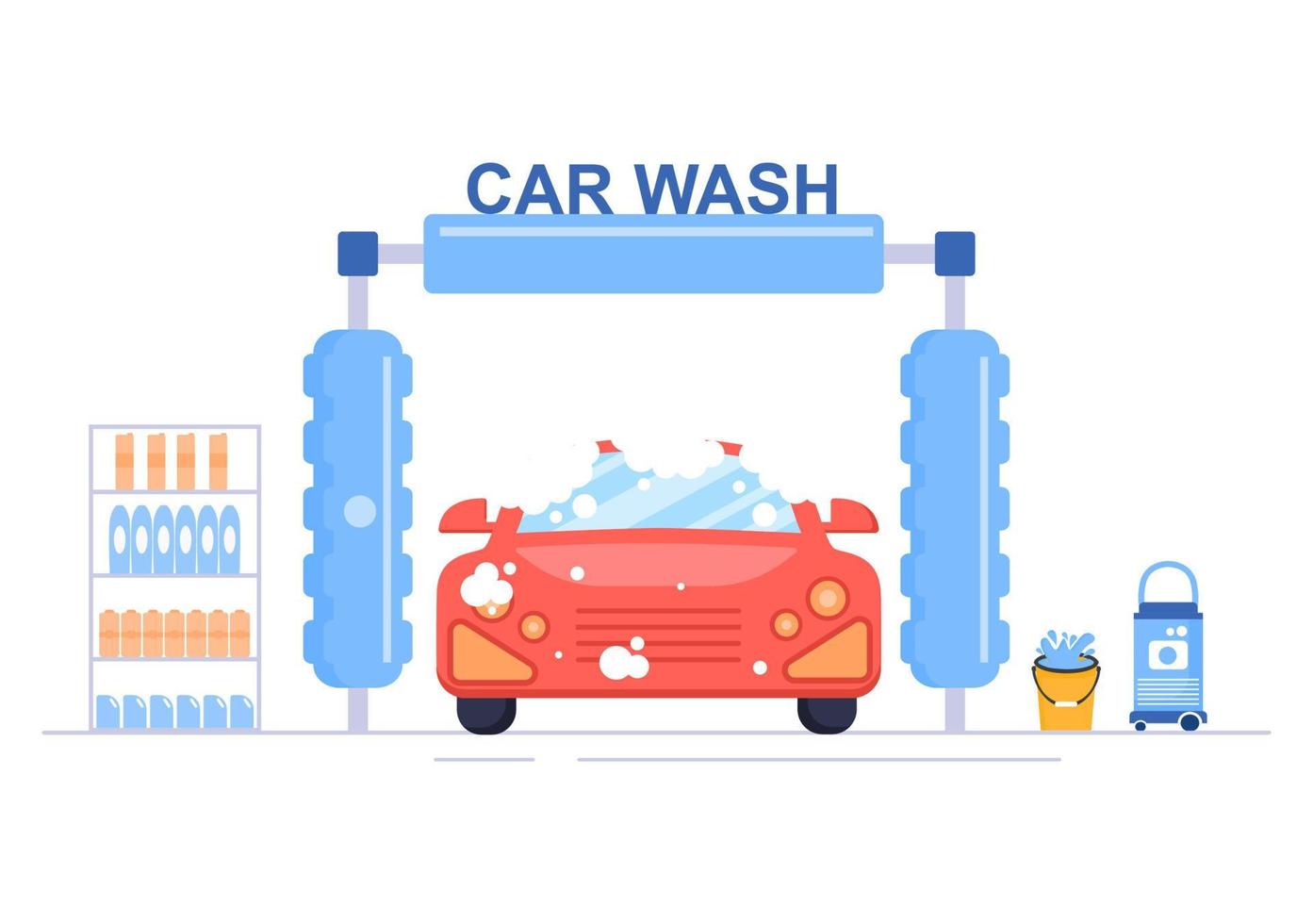 car wash service platte ontwerp illustratie. werknemers wassen auto met sponzen, zeep en water voor achtergrond, poster of banner vector