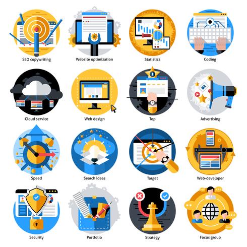 Seo ontwikkeling ronde Icons Set vector