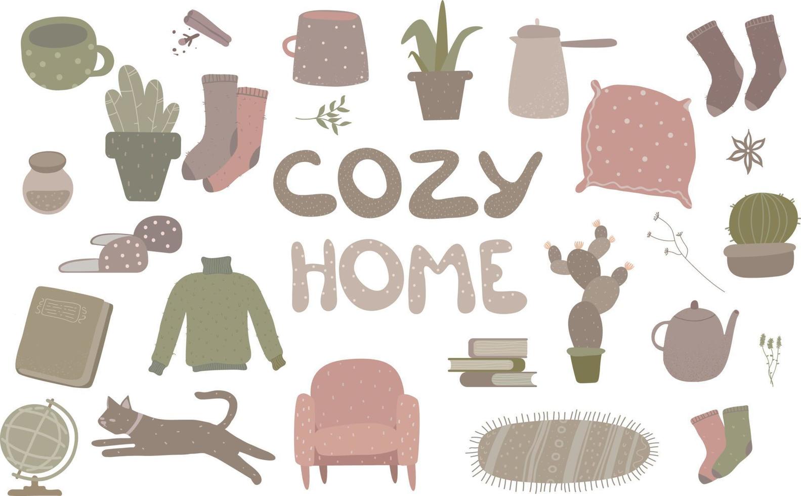 gezellige huis set van items. clipart gezellige dingen. hygge huis. comfortabele kerst. tijd voor jezelf, comfort in huis, heerlijk eten, vers gebak, kamerplanten, warme plaid, kaarsen, romantische sfeer. vector