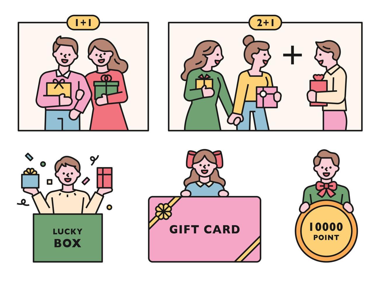 mensen met geschenkdozen en cadeaubonnen voor evenementen. vector