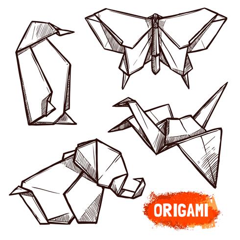 Hand getrokken origami figuren instellen vector