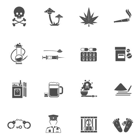 Drugs zwart witte pictogrammen instellen vector