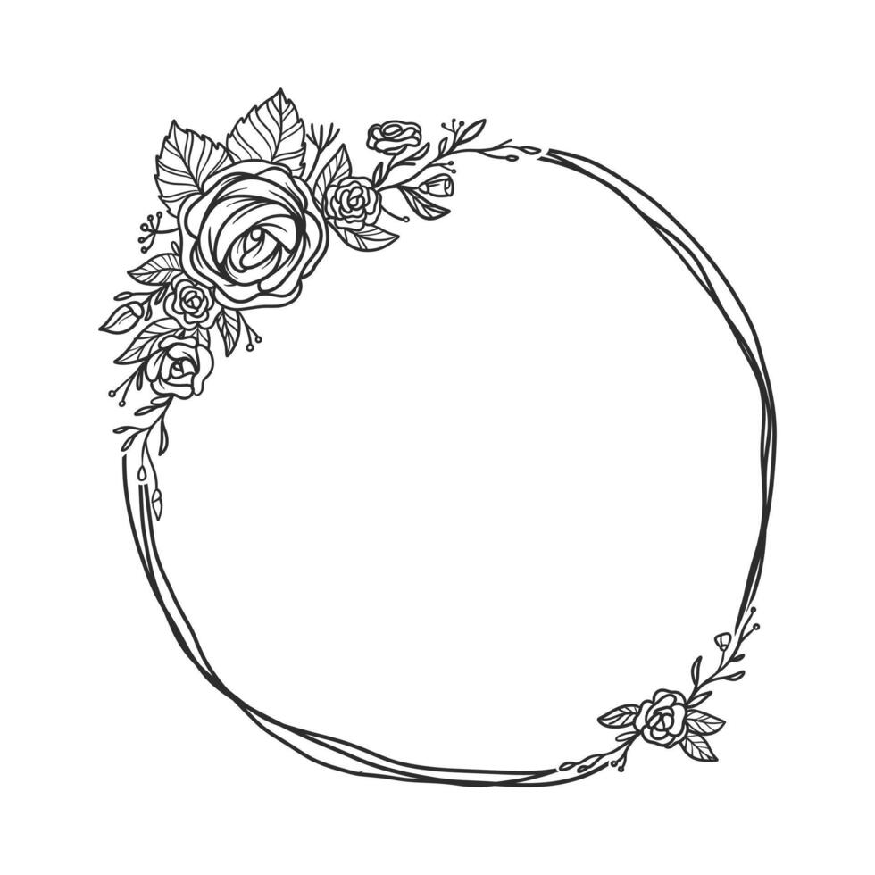 een hand getekende illustratie van bloemen krans. een mooie decoratieve lijst voor huwelijksuitnodiging en belettering. een vintage vector met bloemen en bladeren ornament.