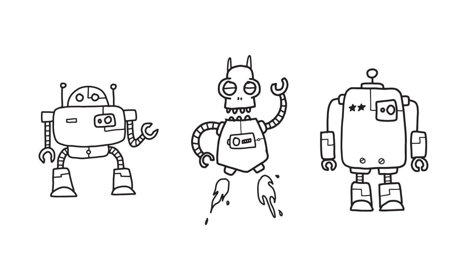 grappige futuristische robots tekenfilm set geïsoleerd op een witte achtergrond. schattige kleurloze robot illustratie hand getekend in vector design.