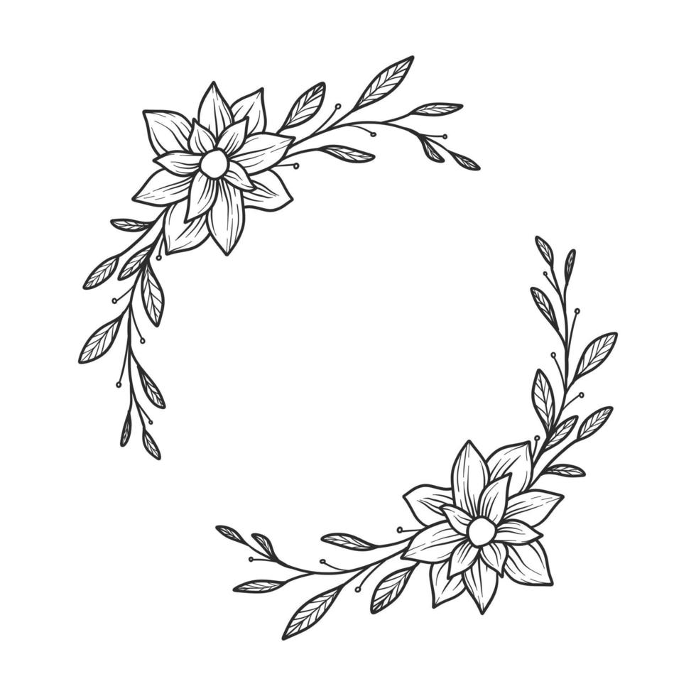 een hand getekende illustratie van bloemen krans. een mooie decoratieve lijst voor huwelijksuitnodiging en belettering. een vintage vector met bloemen en bladeren ornament.