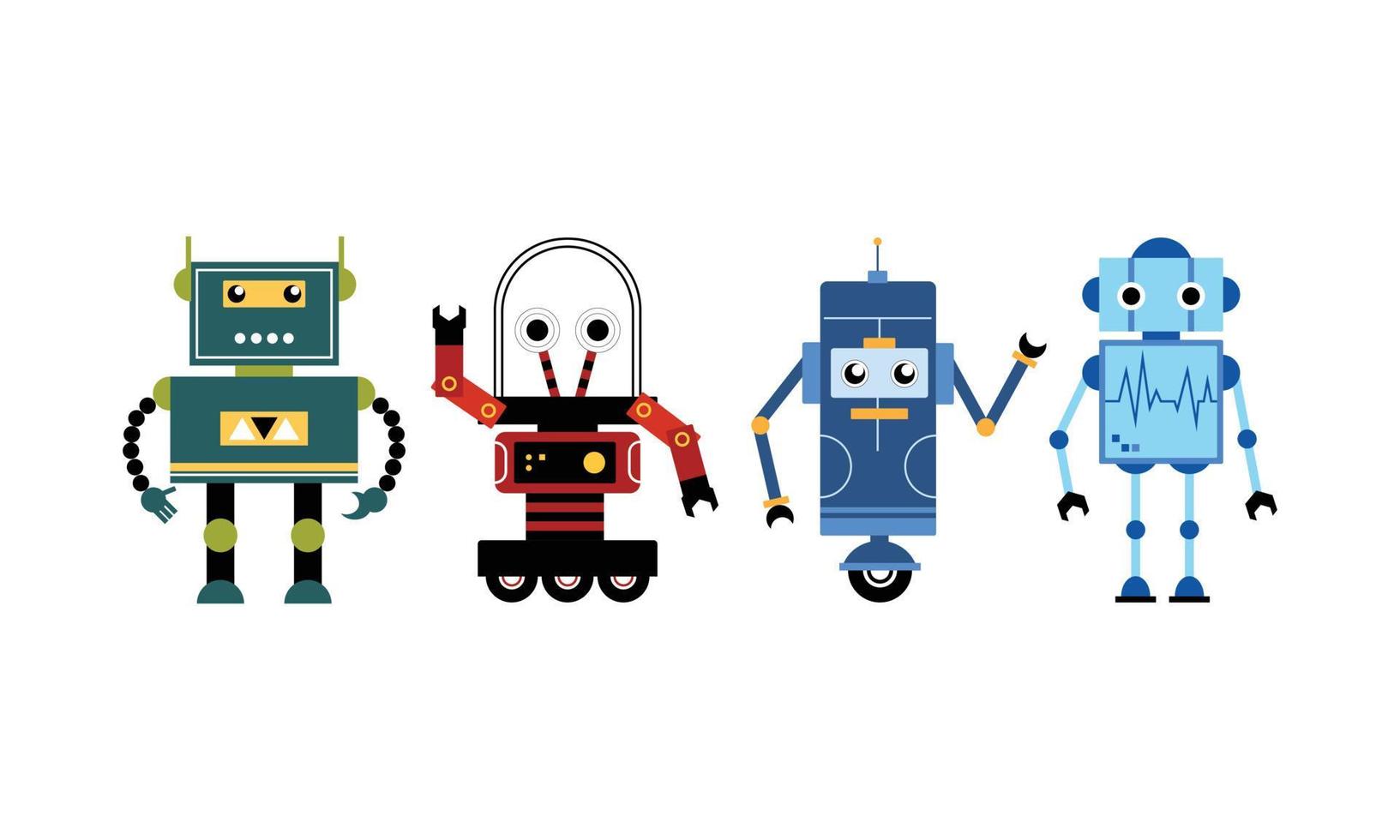 set van vectorillustraties van kleurrijke robots. robots tekenen op een witte achtergrond in verschillende typen. verzameling van futuristisch elementontwerp. vector