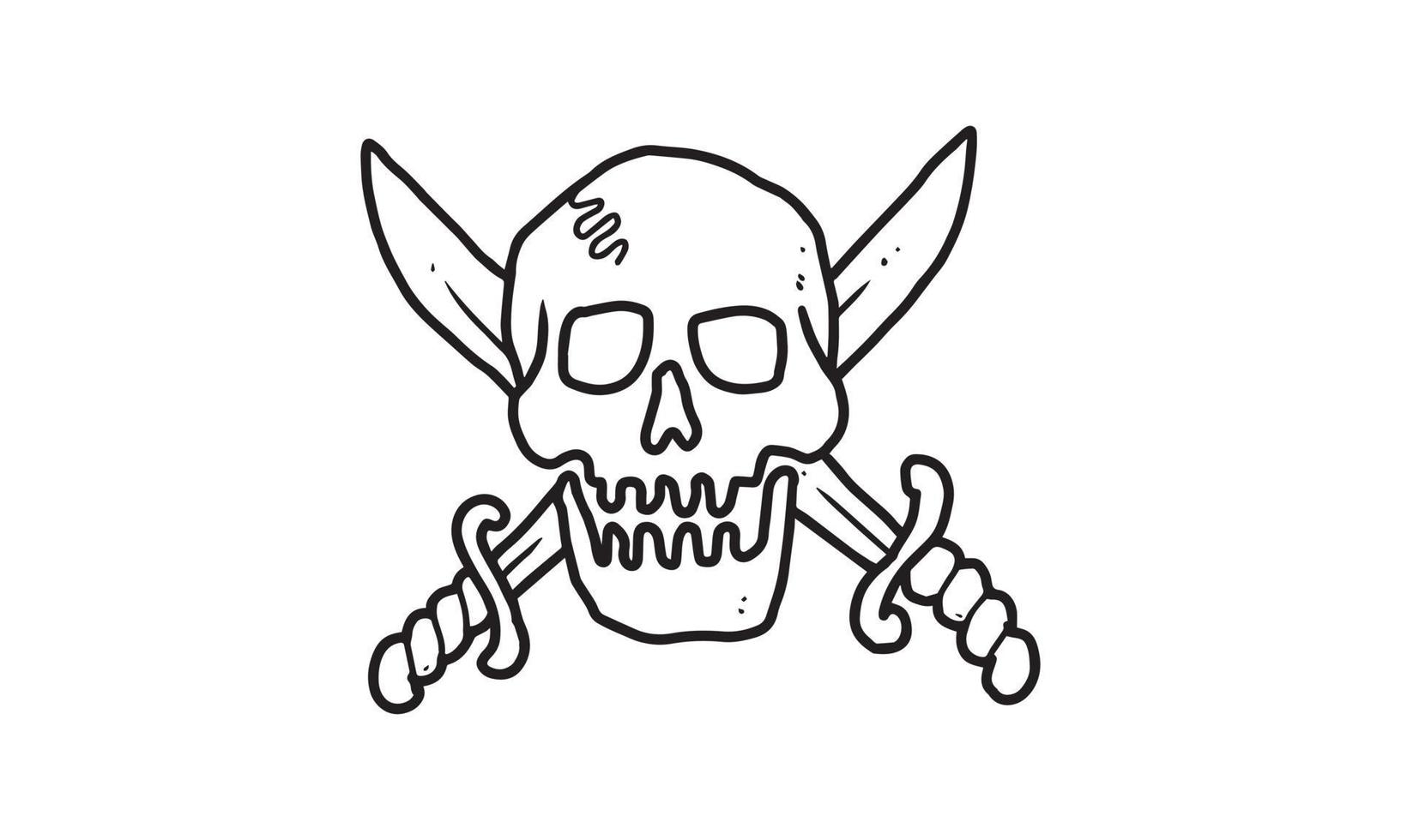 piraat schedel met zwaard geïsoleerd op een witte achtergrond. geschetste cartoontekening van griezelig, gotisch, doodspictogram voor tatoeage, poster, halloween-thema, enz. vector