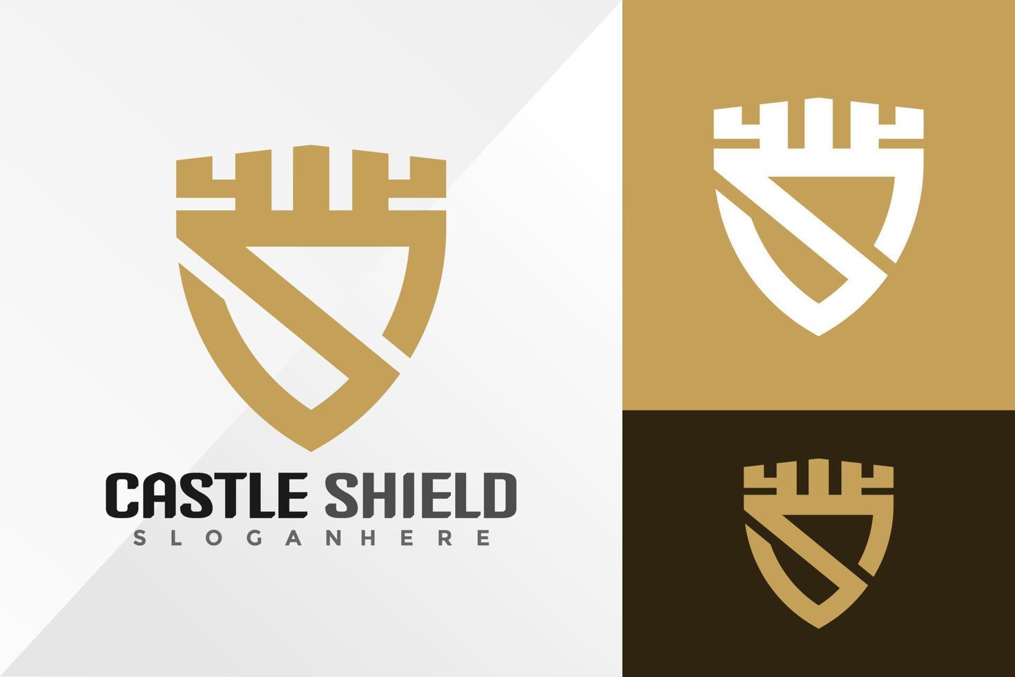 gouden kasteel schild logo ontwerp vector illustratie sjabloon