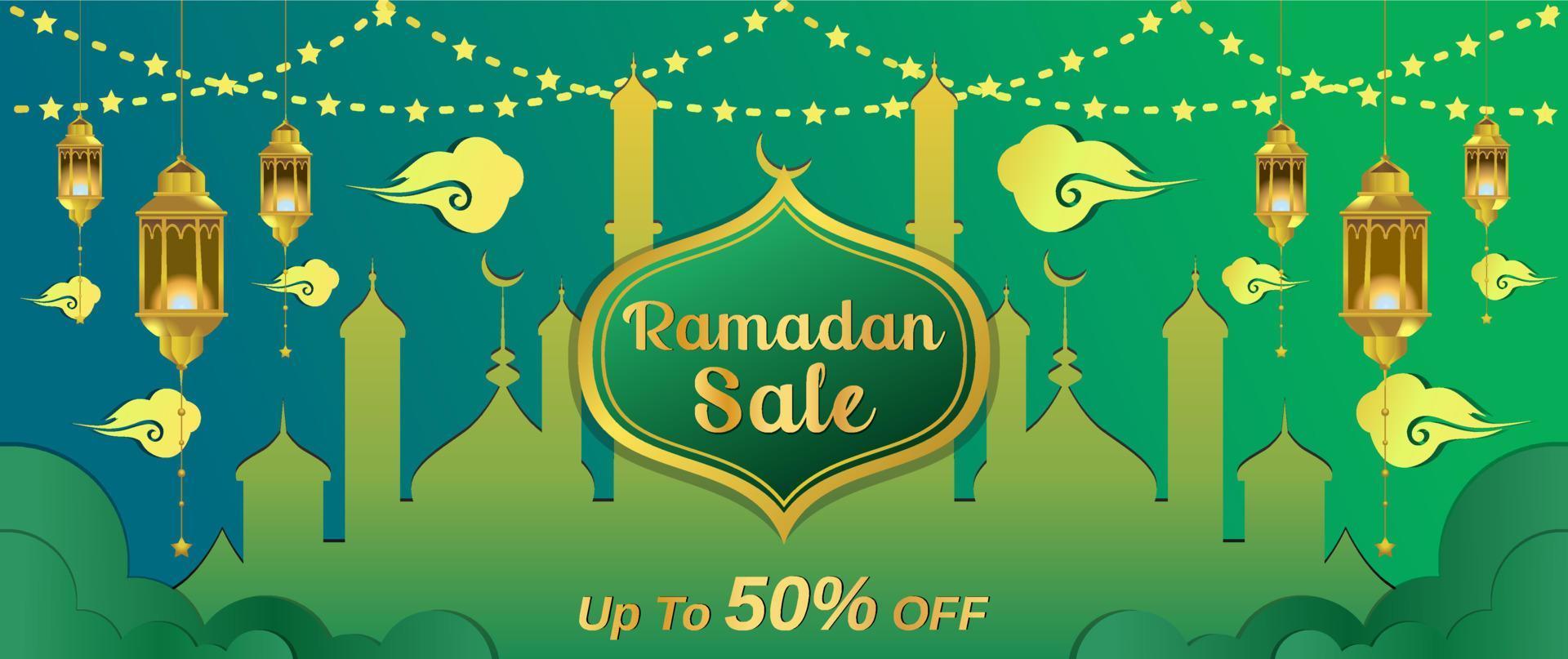 ramadan verkoop web header achtergrond banner met gouden glanzend frame arabische lantaarns gouden halve maan geel omhoog 50 korting vector