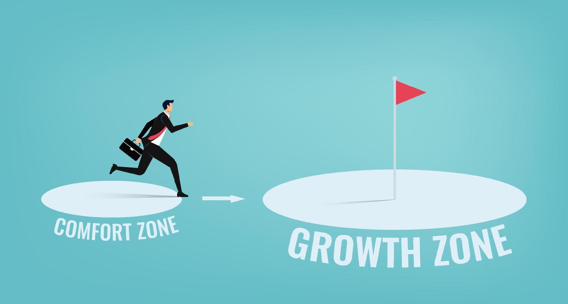 zakenman verlaat comfortzone. persoonlijke ontwikkeling, motivatie en uitdaging vector illustratie concept