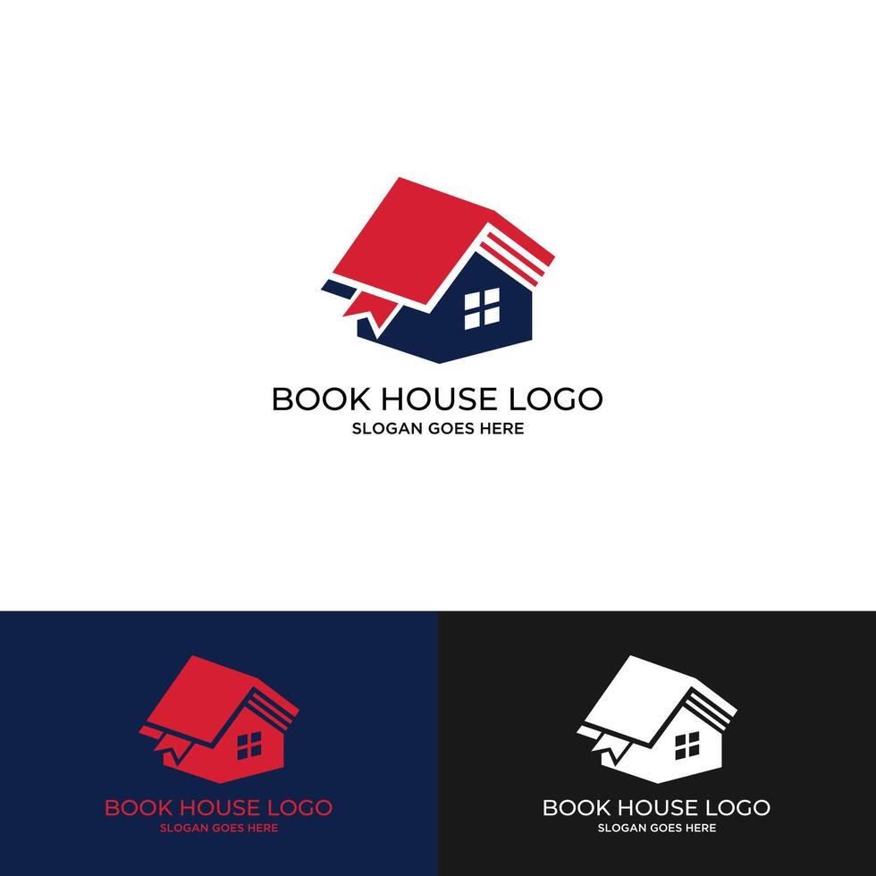 logo ontwerp het huis in combinatie met boeken symboliseert de bibliotheek. u kunt het gebruiken voor uw huis- of bibliotheeklogo of leeshoek of iets anders. vector