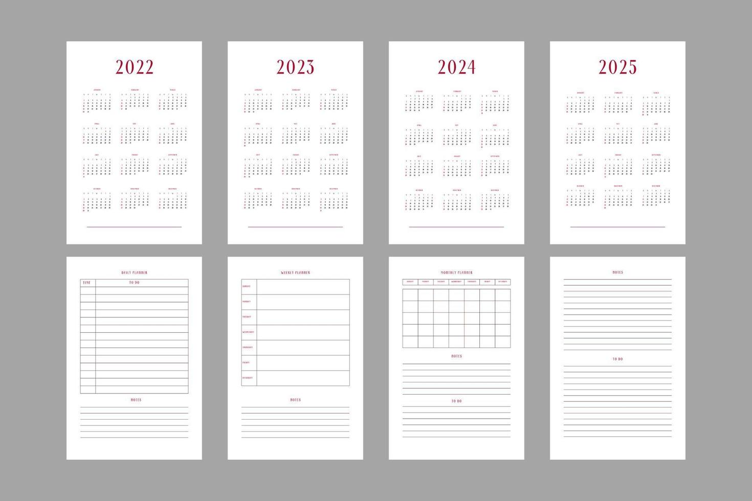 2022 2023 2024 2025 kalender en dagelijkse wekelijkse maandelijkse persoonlijke planner dagboeksjabloon. maandelijkse kalender individueel schema minimalistisch ontwerp voor zakelijke notebook vector