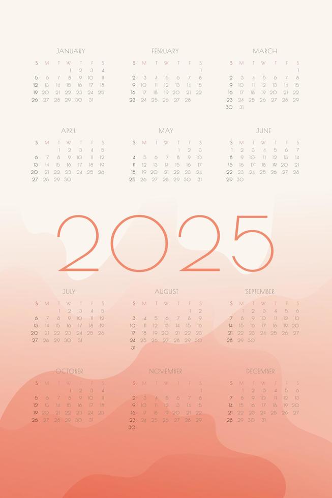 Kalender voor 2025 met koraalverloopvormen vector