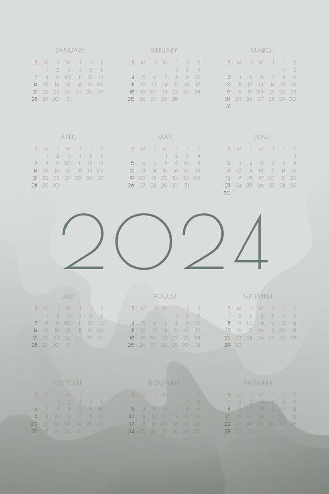 2024 kalender met mist grijze gradiënt vloeiende golf vector