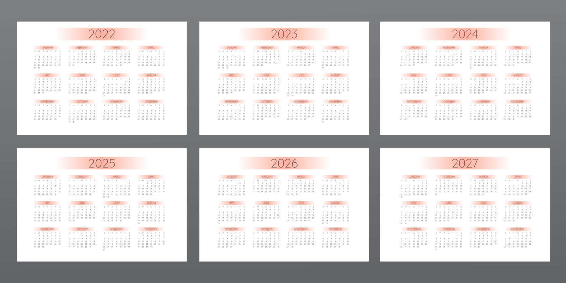 2022 2023 2024 2025 2026 2027 kalender in minimalistische stijl met oranje verloopelementen. week begint op zondag vector