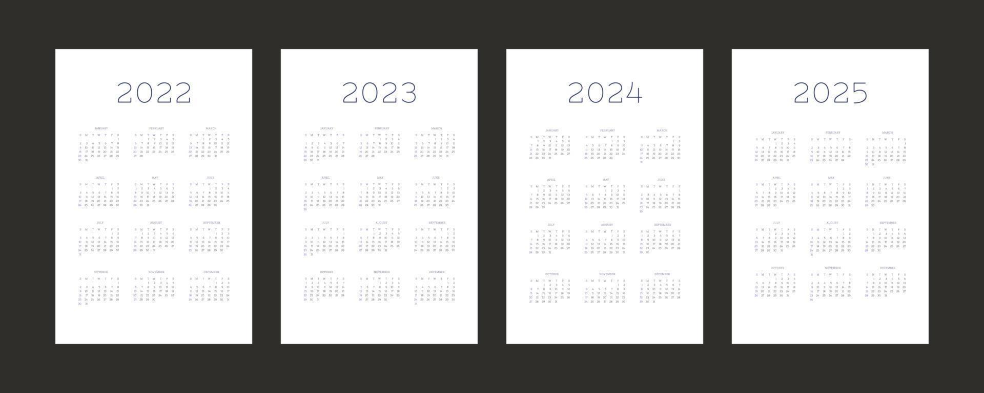 2022 2023 2024 2025 individuele kalendersjabloon in minimalistische trendy stijl. week begint op zondag vector