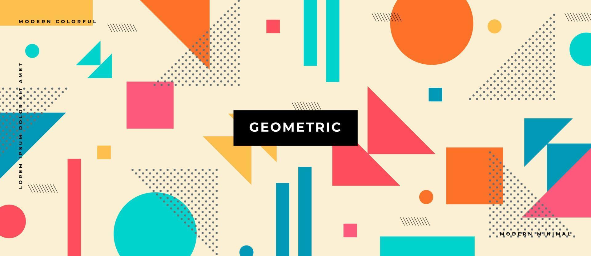 kleurrijke platte memphis-stijl. minimale geometrische driehoek, cirkel, vierkant, textuur gestippelde pop patroon achtergrond. vector