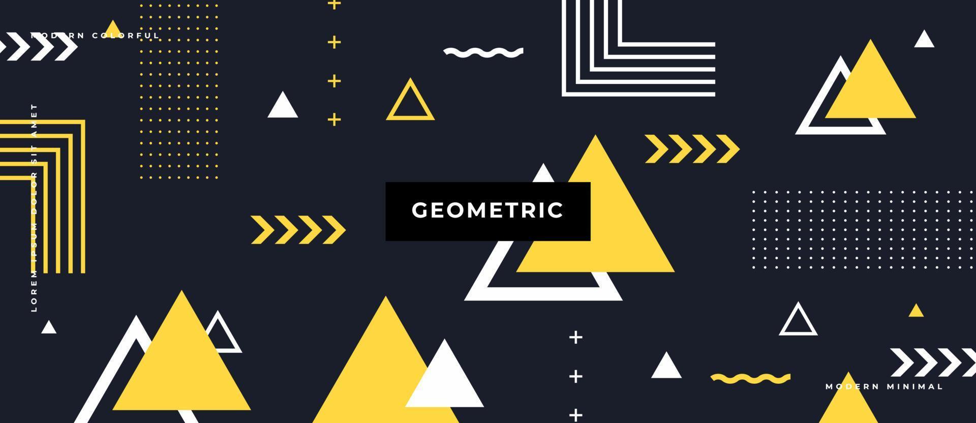 platte, gele, witte driehoek vorm, lijn, stip geometrische naadloze patroon verplaatsen op zwarte achtergrond in memphis stijl. vector