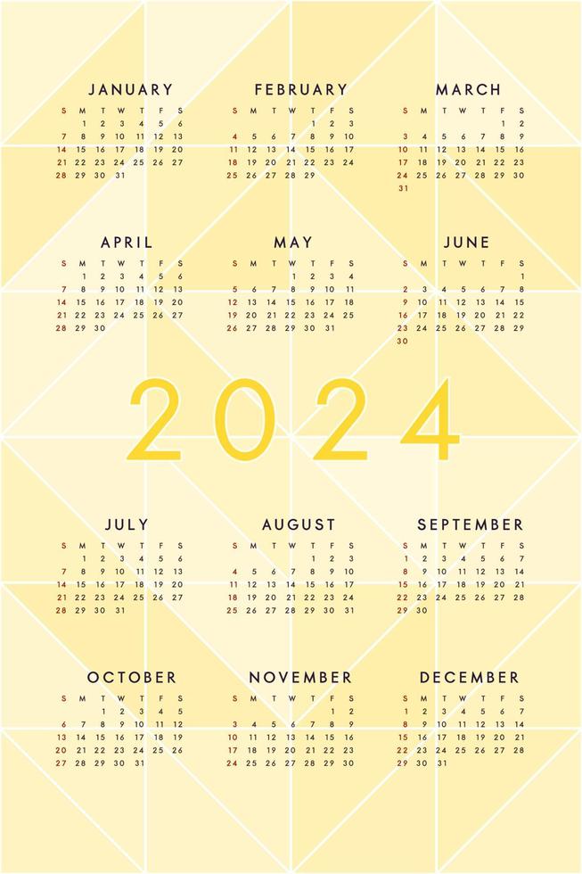 2024 kalender op abstracte gele achtergrond met doorschijnende driehoeken. kalenderontwerp voor print en digitaal. week begint op zondag vector