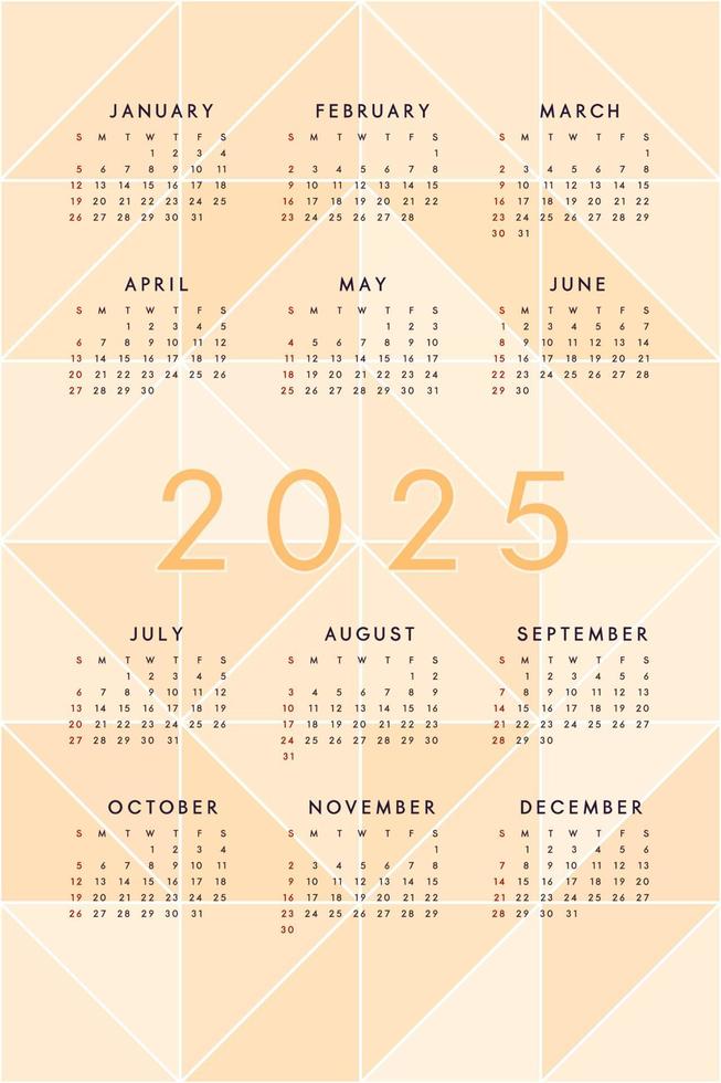oranje 2025 kalendersjabloon met mozaïek doorschijnende driehoeken. kalenderontwerp voor print en digitaal. week begint op zondag vector