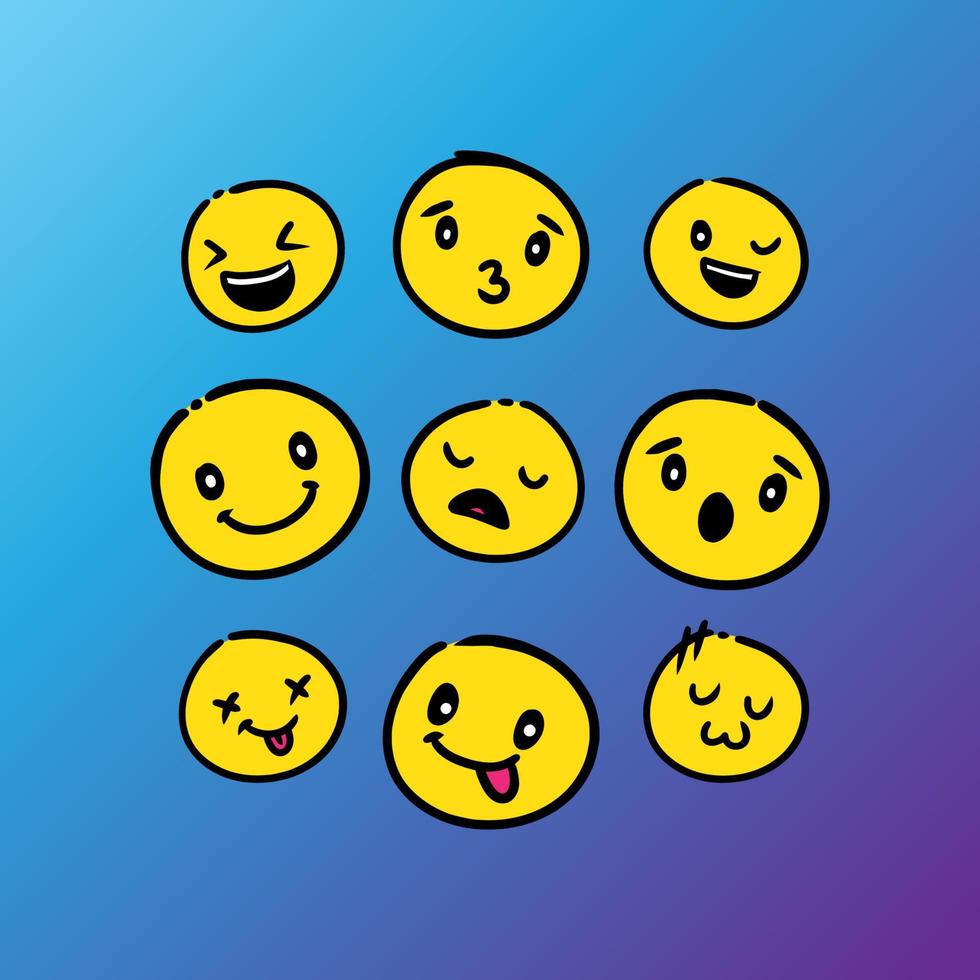 set van schattige gele emoticon hand getekend met moderne achtergrond vector. premium kwaliteit symbolen en teken web logo collectie. eenvoudige en moderne emoticons pictogrammen vector