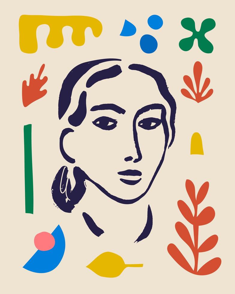 vector vrouw kunst poster. matisse geïnspireerd handgetekend eigentijds portret voor print kunst aan de muur decor, retro stijl. abstracte collagevormen.